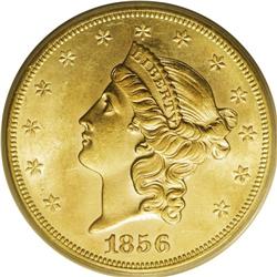 1856-S $20 No Serif, Spike F AU58 PCGS. SSCA 5462. Var 