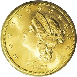 1857-S $20 Narrow Serif MS64 PCGS. SSCA 0474. Variety 