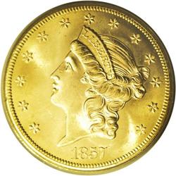 1857-S $20 Narrow Serif MS64 PCGS. SSCA 0482. Variety 