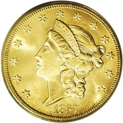 1857-S $20 Bold S MS64 PCGS. SSCA 0405. Variety 20B. T 