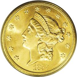 1857-S $20 Bold S MS64 PCGS. SSCA 0462. Variety 20B. 