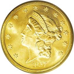 1857-S $20 Spiked Shield MS64 PCGS. SSCA 0300. Variety 