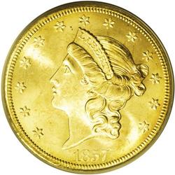 1857-S $20 Bold S MS64 PCGS. SSCA 0410. Variety 20B. A 