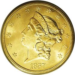 1857-S $20 Narrow Serif MS64 PCGS. SSCA 0495. Variety 