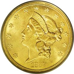 1857-S $20 Spiked Shield MS64 PCGS. SSCA 0307. Luster 