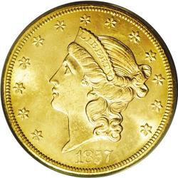 1857-S $20 Spiked Shield MS65 PCGS. SSCA 0773. Variety 