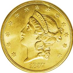 1857-S $20 Narrow Serif MS65 PCGS. SSCA 0618. Variety 