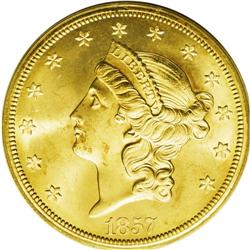 1857-S $20 Bold S MS65 PCGS. SSCA 3057. Variety 20B. T 