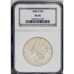 1858-S $20 XF45 NGC. A radiant straw-gold example from 
