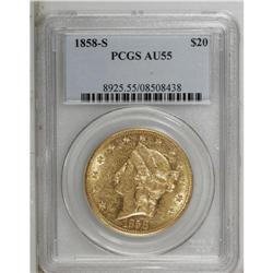 1858-S $20 AU55 PCGS. This Choice AU coin has strong p 