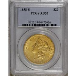1858-S $20 AU55 PCGS. A nicely struck example with sig 