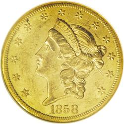 1858-S $20 AU58 NGC. Most known examples of the 1858-S 