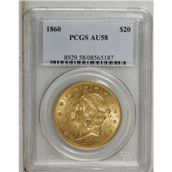 1860 $20 AU58 PCGS. Highly appealing despite numerous 