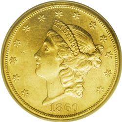 1860-S $20 AU58 PCGS. Rare in Mint State, but common i 