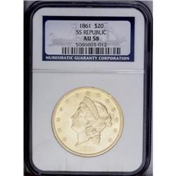 1861 $20 AU58 NGC. Ex: S.S. Republic. A touch of highp 