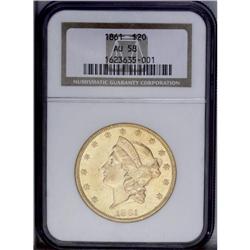 1861 $20 AU58 NGC. A lightly abraded yellow-gold examp 