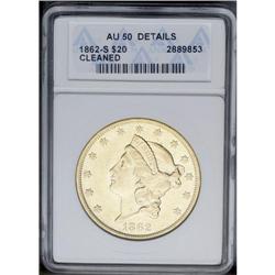 1862-S $20 --Cleaned--ANACS. AU50 Details. A lightly wo 