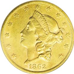 1862-S $20 AU55 PCGS. This is one of the more common d 