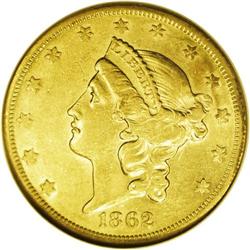 1862-S $20 AU55 NGC. Ex: S.S. Republic. Breen-7214. Re 