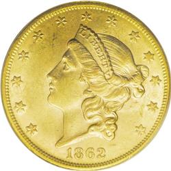 1862-S $20 AU58 PCGS. Thick mint luster characterizes 