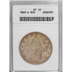 1863-S $20 XF45 ANACS. A lightly worn mustard-gold pie 