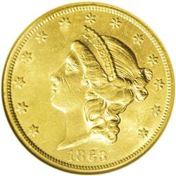 1863-S $20 AU58 NGC. Both sides of this lustrous near- 