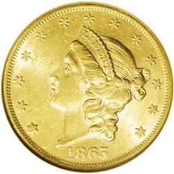 1865 $20 AU58 NGC. Before examples were recovered from 