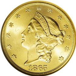 1865 $20 --Date in Rim--MS64 NGC. Ex: S.S. Republic. MP 