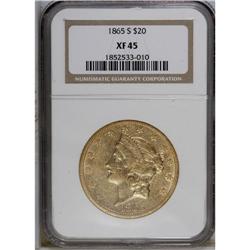 1865-S $20 XF45 NGC. A straw-gold Choice XF example th 