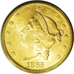 1865-S $20 MS64 PCGS. Ex: Brother Jonathan. A lustrous 