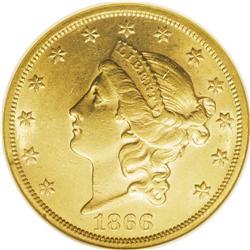 1866 $20 AU58 NGC. This interesting issue shows the mo 