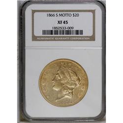 1866-S $20 Motto XF45 NGC. The motto "In God We Trust" 