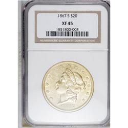 1867-S $20 XF45 NGC. A lightly worn example that has f 