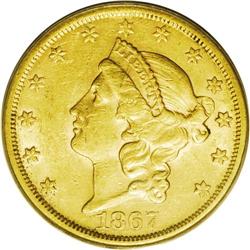 1867-S $20 AU55 PCGS. The vast majority of this issue 