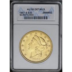 1867-S $20 --Scratched--ANACS. AU55 Details. Several lo 