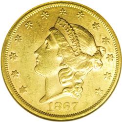 1867-S $20 AU58 NGC. Surprisingly lustrous for the gra 