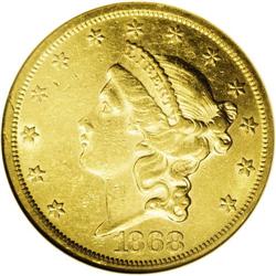 1868 $20 AU55 NGC. The low mintage of 98,500 pieces, c 