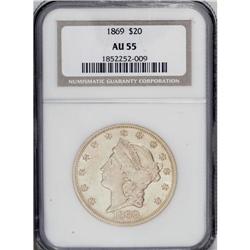 1869 $20 AU55 NGC. The light wear visible on each side 