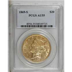 1869-S $20 AU55 PCGS. A pleasing straw-gold piece with 
