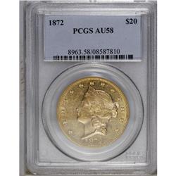 1872 $20 AU58 PCGS. An attractive piece with light hig 