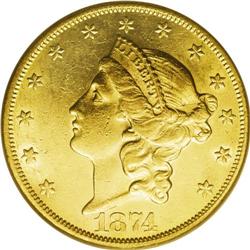 1874-CC $20 AU55 PCGS. Although this issue is hardly c 