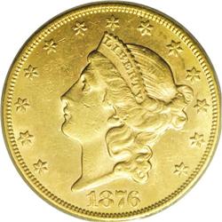 1876-CC $20 AU58 PCGS. Lovely intermingled coloration 