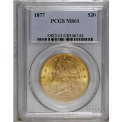 1877 $20 MS61 PCGS. A strongly lustrous yellow-green p 