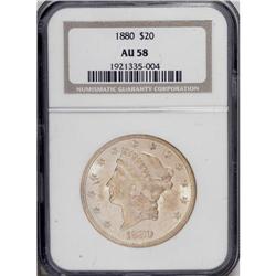 1880 $20 AU58 NGC. The minor friction that keeps this 