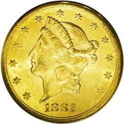 1882-S $20 MS62 PCGS. Like many S-mint Type Three doub 