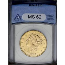 1884-S $20 MS62 ANACS. An attractive wheat-gold piece 