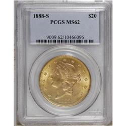 1888-S $20 MS62 PCGS. A lovely peach-gold example with 