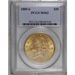 1889-S $20 MS62 PCGS. A highly lustrous yellow-orange 