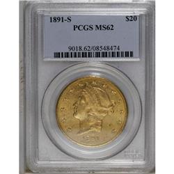 1891-S $20 MS62 PCGS. Minute S mintmark. A mildly refl 