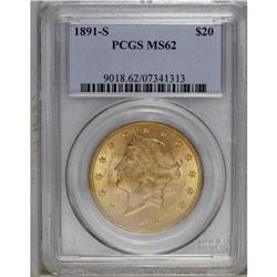 1891-S $20 MS62 PCGS. The yellow-orange surfaces have 
